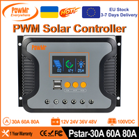 PowMr PWM 30A 60A 80A Solar Charger Controller for 12V 24V 36V 48V Battery With LED Screen USB 5V 2A Output Slient Working