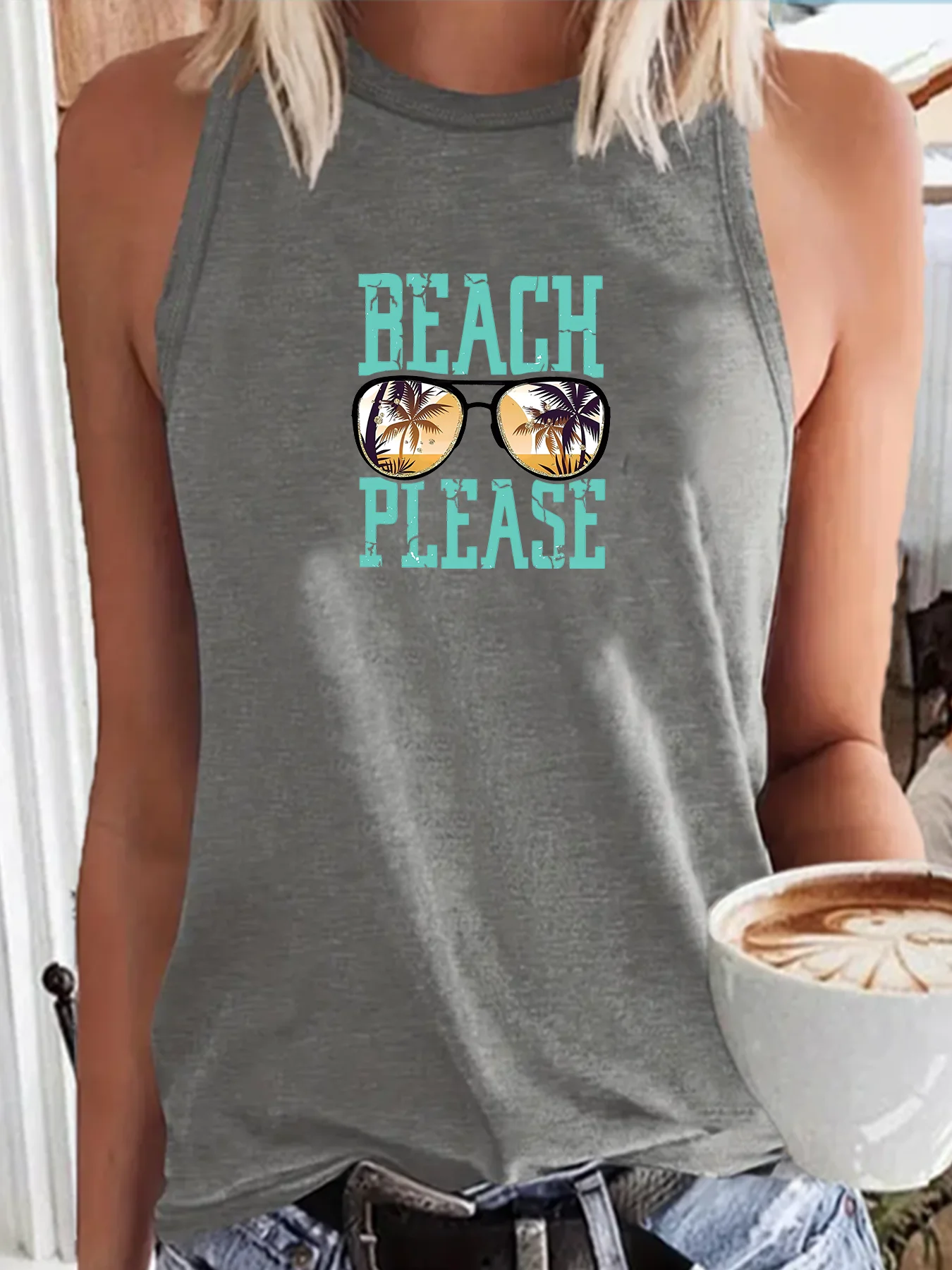 Summer Beach Please  Sunglasses Fashion Funny Sports Women's Tank Top Loose O Neck Sleeveless Casual Tank