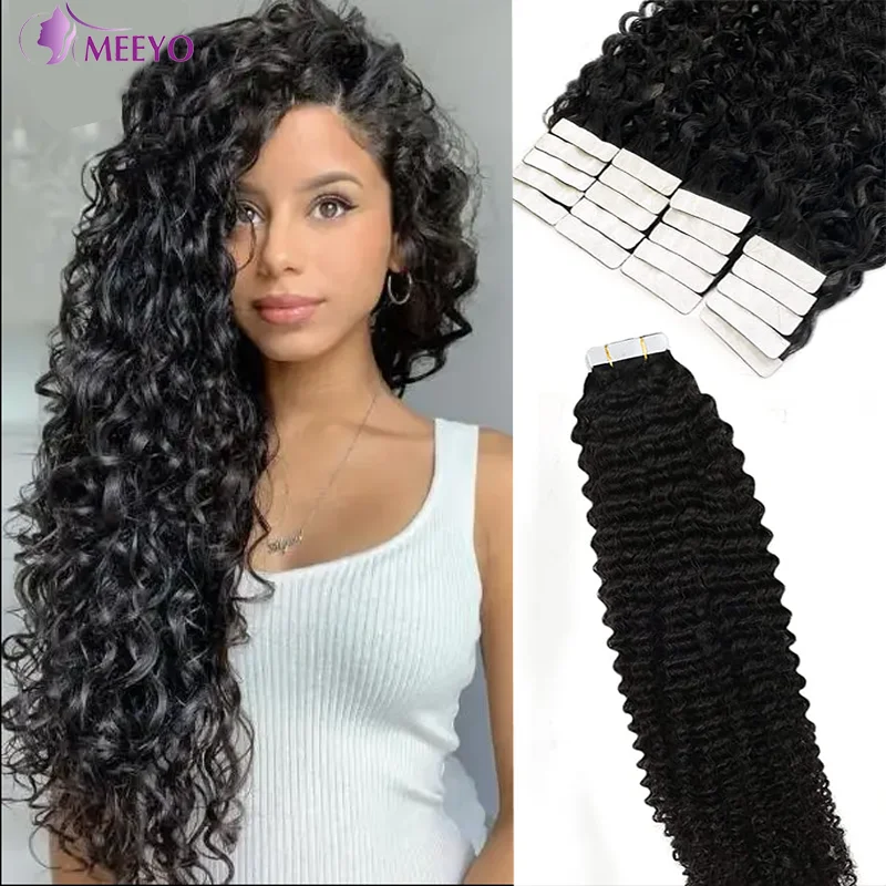 Deep Wave Natural Black Hair Extensions Tape in Hair Extensions Human Hair Real Human Hair Long Curly Hair for Black Women