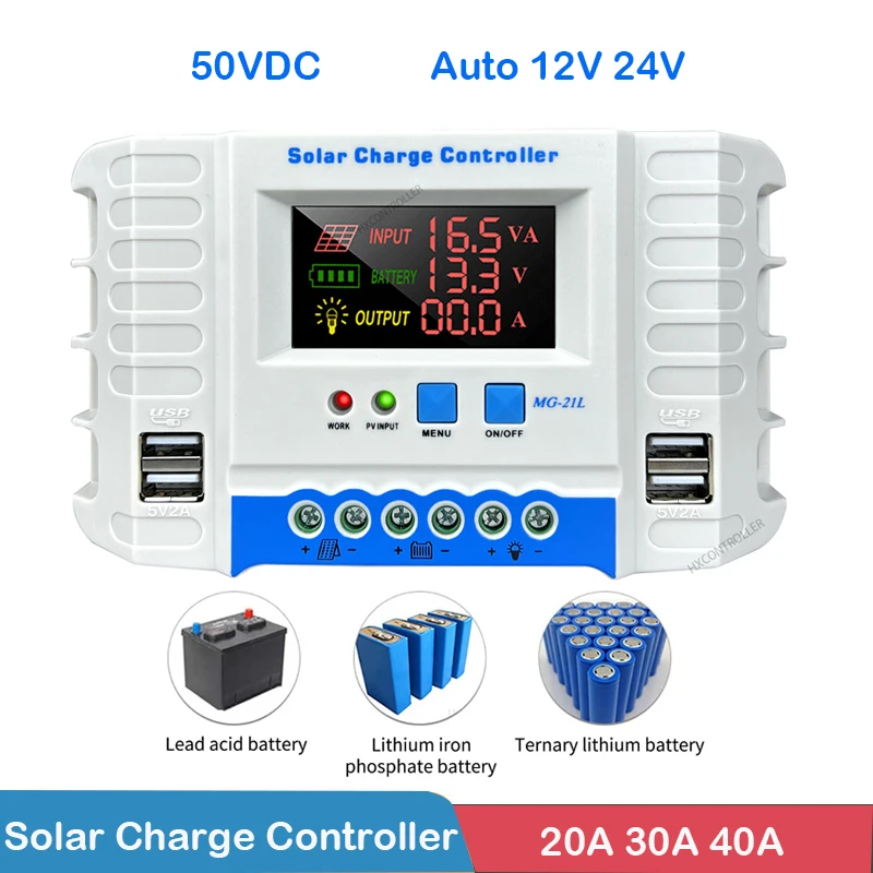 Solar Charge Controller 10A 20A 30A 40A HD Colorful Screen Display  12V 24V PWM Dual USB Solar Charge And Discharge Controller