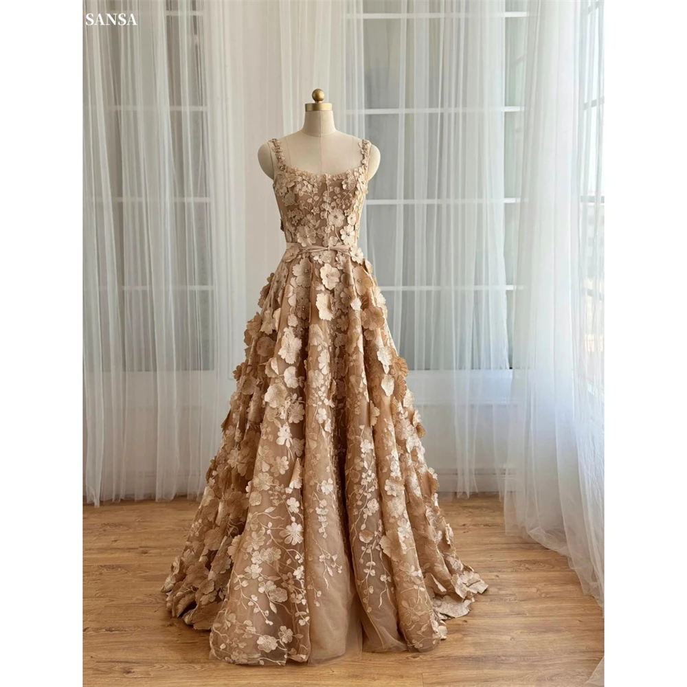 

Sansa Customized Brown Flower Embroidery Lace-Up Prom Dress Bow Straps A-Line Vestidos De Noche Floor-Length Formal Evening 2025