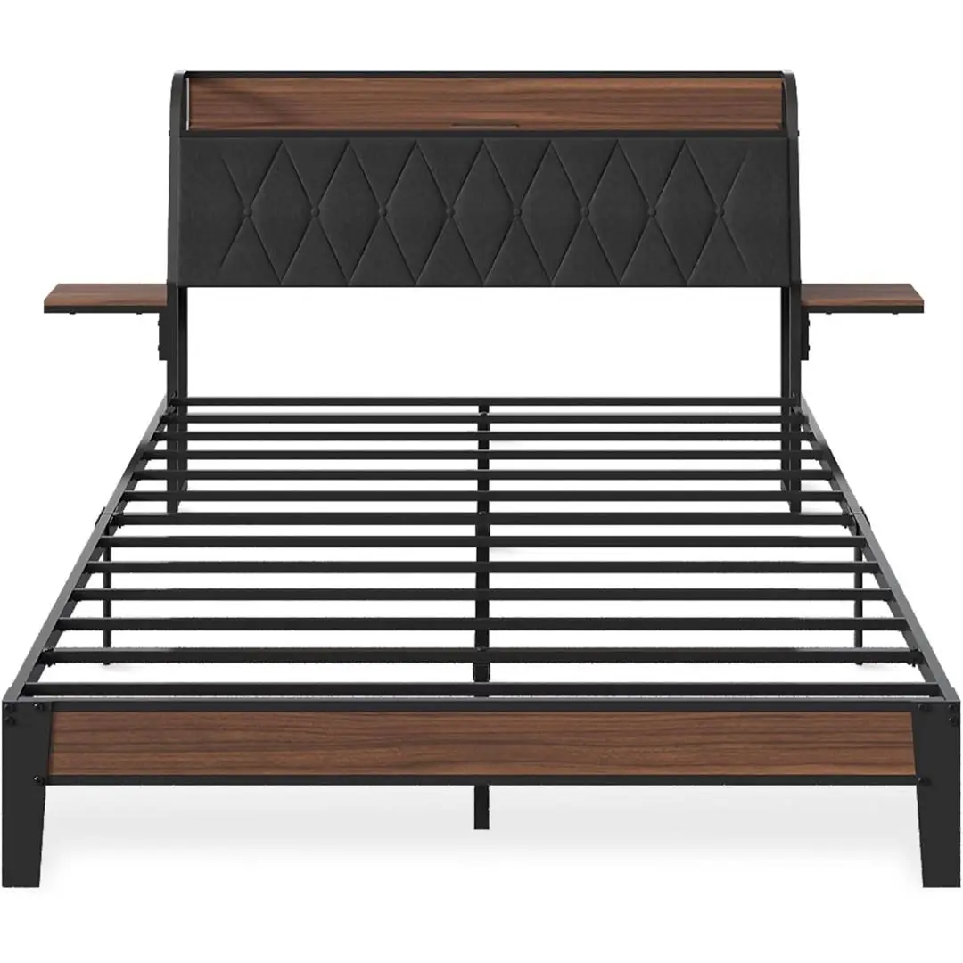 Queen Bed Frame with Headboard, Upholstered Bed Frame with 2 Storage Shelves, Platform Bed with LED Lights and Charging Station, 1500LBS Mattress Foundation, No Box Spring Needed, Black