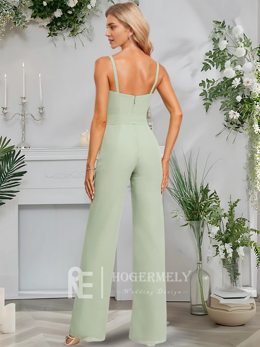 

B Celadon Jumpsuit Pantsuit Square Neck Floor-Length Chiffon Bridesmaid Dresses With Spaghetti Straps Wedding Party 2025​