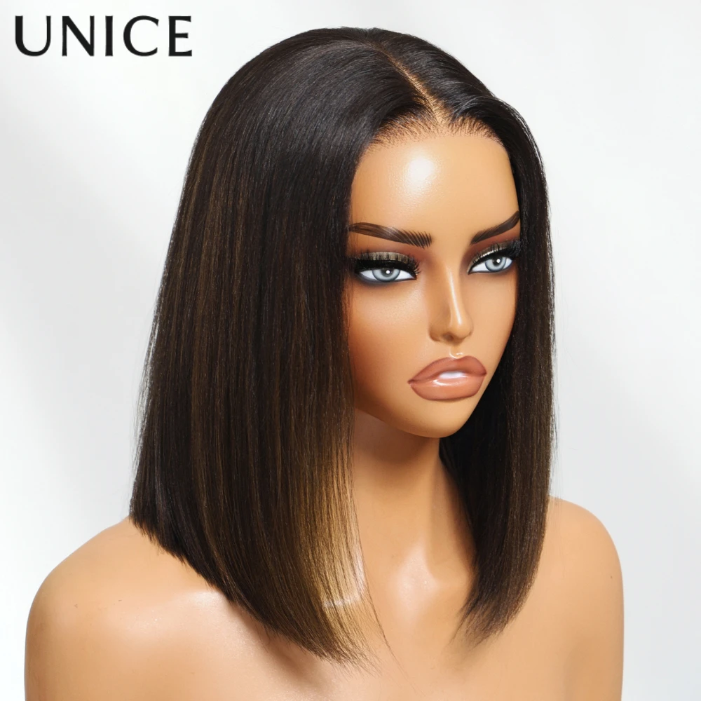 UNice 7x5 الدانتيل قبل قطع قبل ابيض الطبيعية الأسود ياكي مستقيم بوب شعر مستعار شعر الإنسان مع الكراميل البني تسليط الضوء على والرباط #4