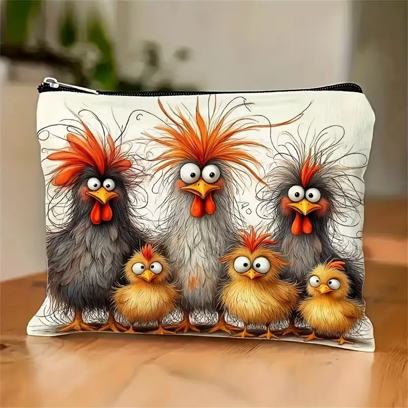 1Pc Fun Cartoon Chicken Family Retro Design Makeup Bag, Snack Storage Bag, Stationery Storage Bag, Canvas Double-Sided Printed Travel Multi-Purpose Bag