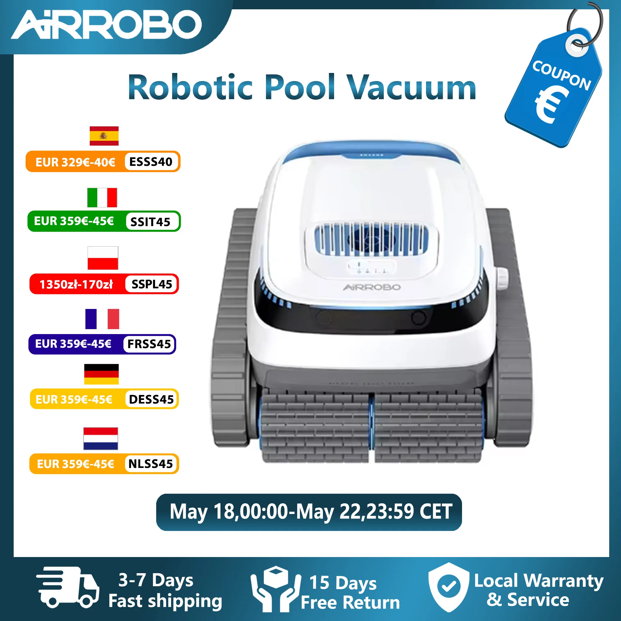 Robot nettoyeur de piscine AIRROBO PC10, nettoyage automatique sans fil des parois et du sol, planification de la route, sélection du mode de nettoyage