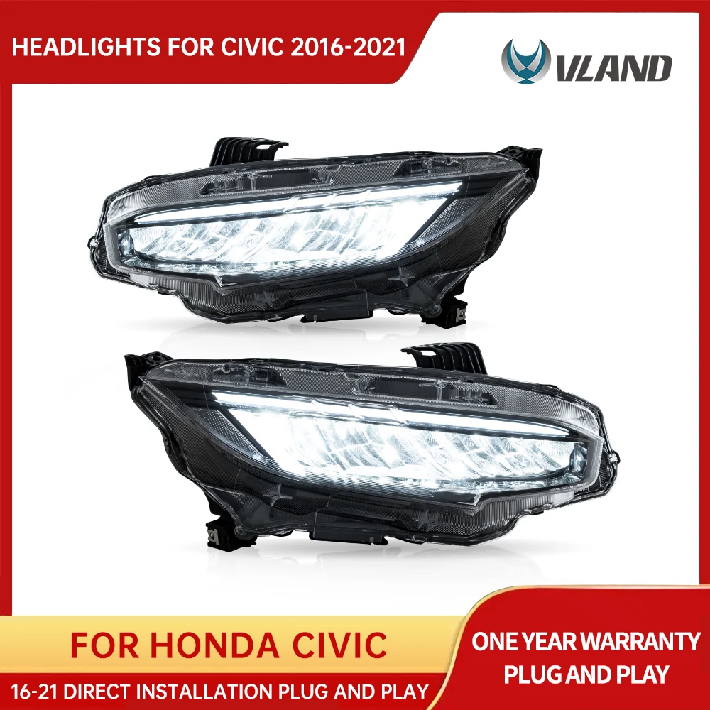 VLAND Headlights for Honda Civic X G10 2016-2020 LED DRL Lenses for Head Lamp Turn Signal Angel Eyes Projector Lens Work Light