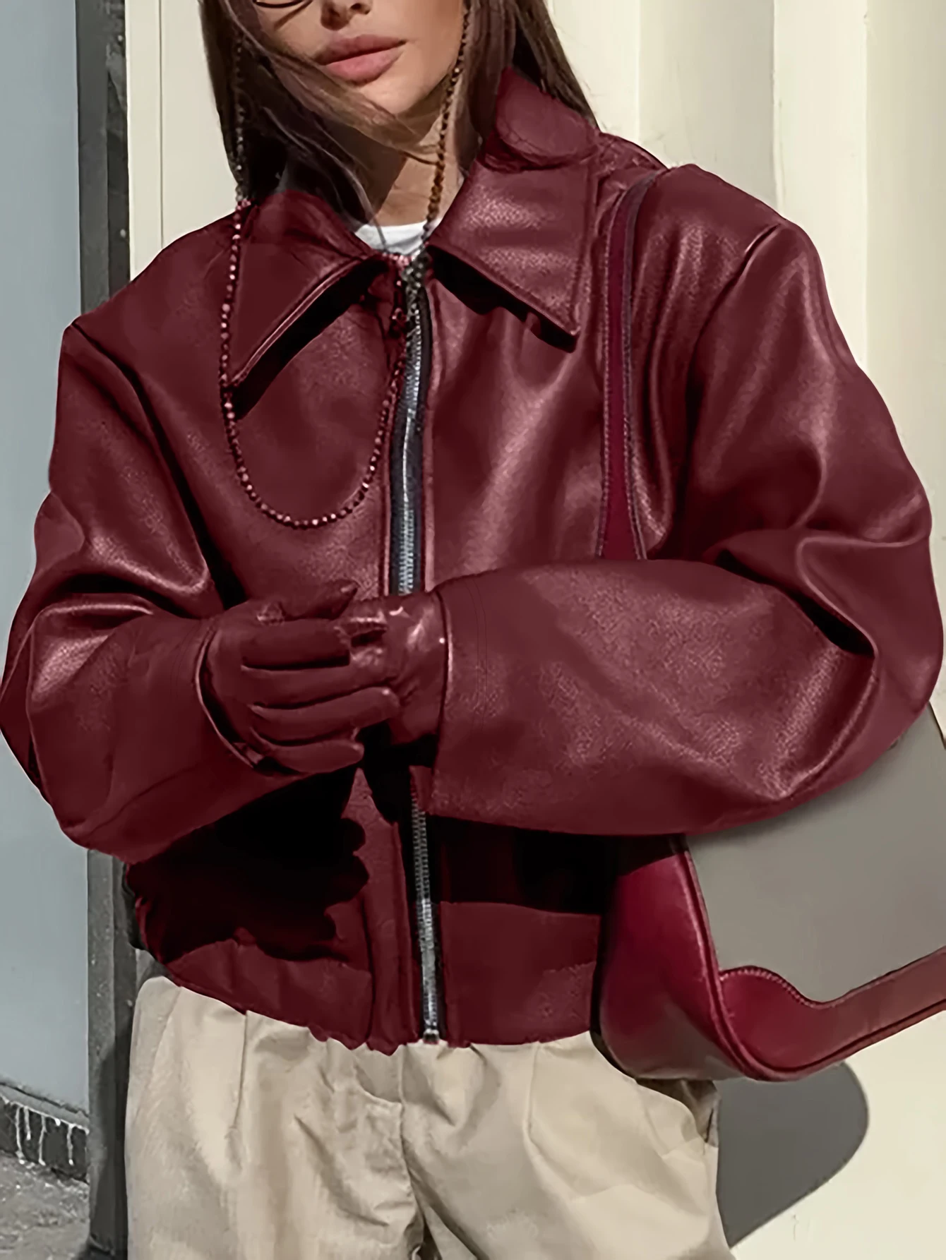 

Женская куртка из искусственной кожи с лацканами | Осень/зима повседневная кожаная куртка | Ветрозащитная кожаная куртка на молнии | куртка с карманами