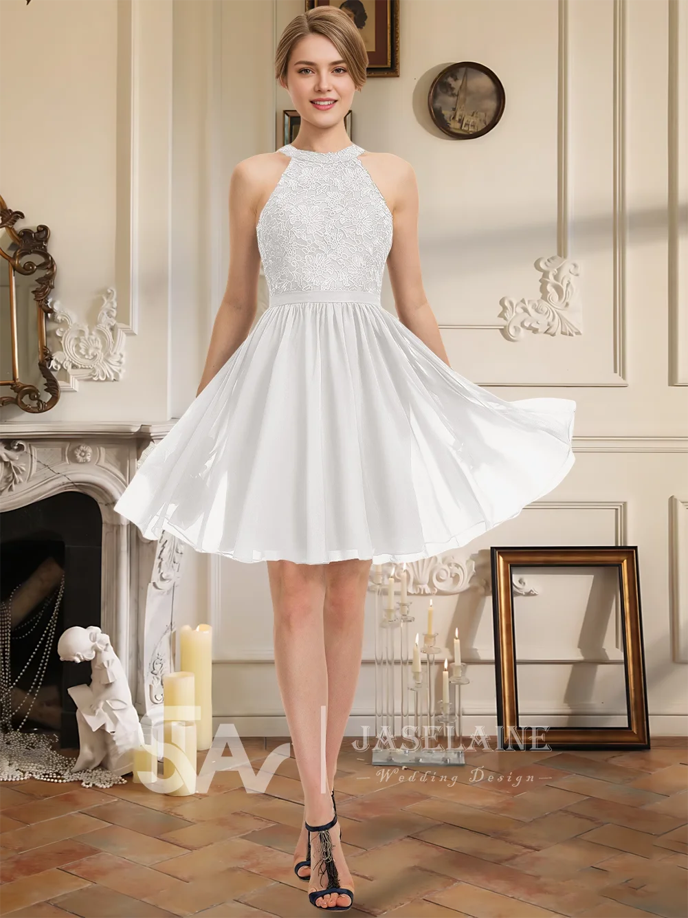 

QA Women A-Line Knee-Length Lace Chiffon Ruffle Bridesmaid Dresses with Scoop Sleeveless for Wedding Party 2025 Dusty Blue