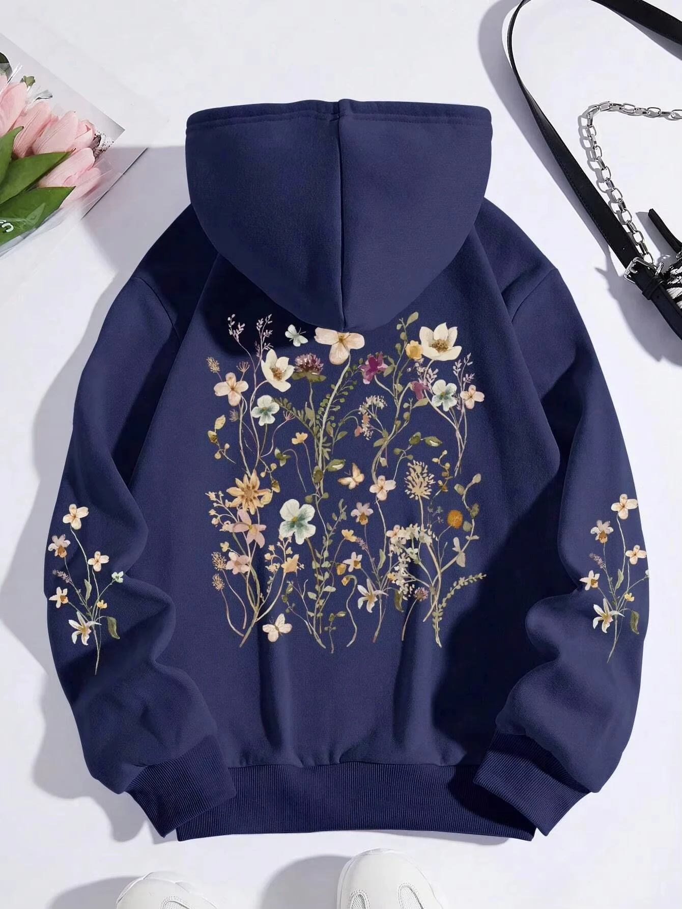 Colorful Flowers Printing Women Sweatshirt Harajuku Casual Sweatshirt Fashion Loose Hoodie Autumn Warm Vintage Fleece Woman Top