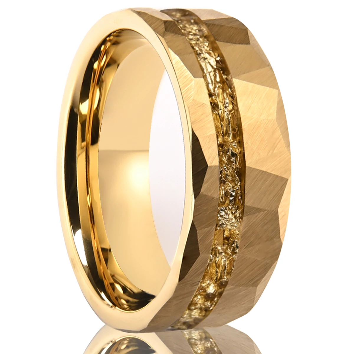8MM Gold Tungsten Carbide Hammered Men's Wedding Bands Inlaid Gold Foil Luxury Engagement Promise Ring Anniversary Daily Rings