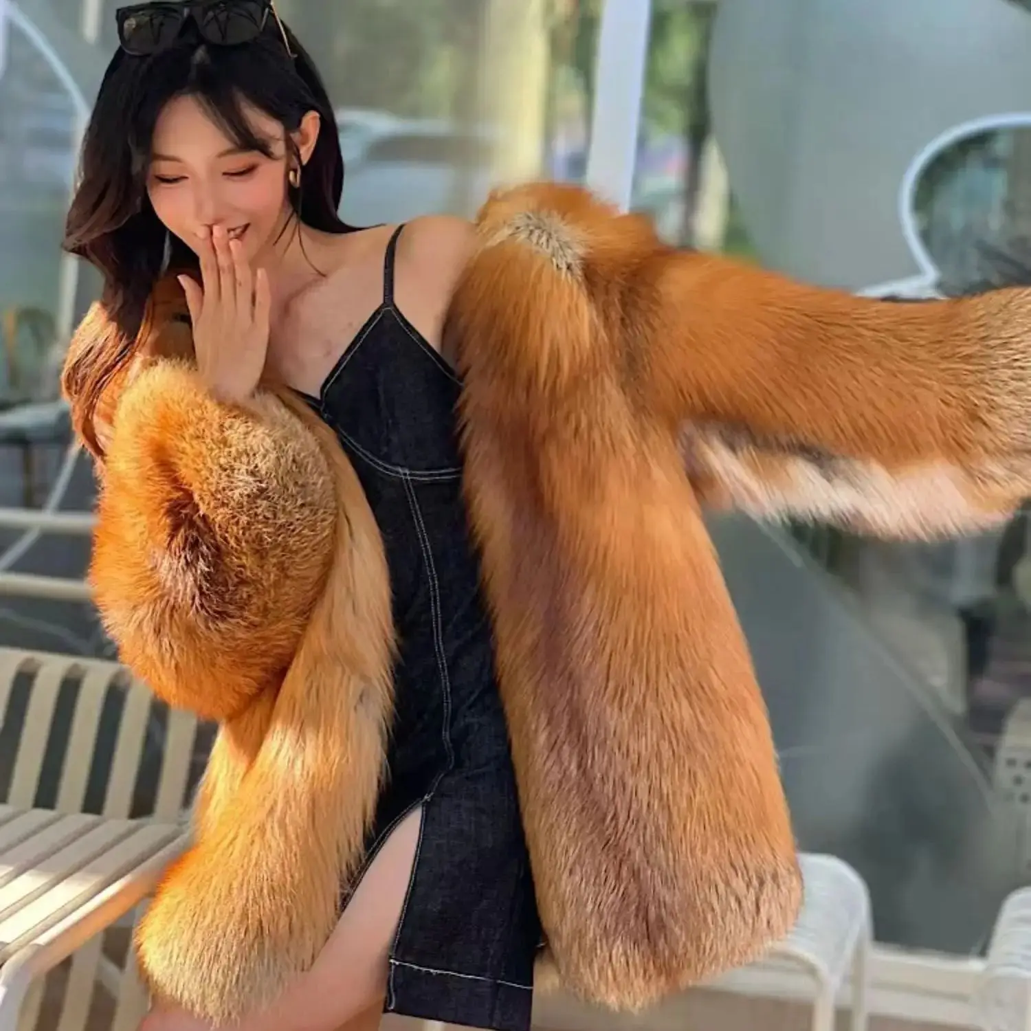 QUEENTINA Natural Real Fox Fur Coat for Women, Winter Jacket, Warm Outerwear, Luxury Designer, External Clothes Plus Fashion New