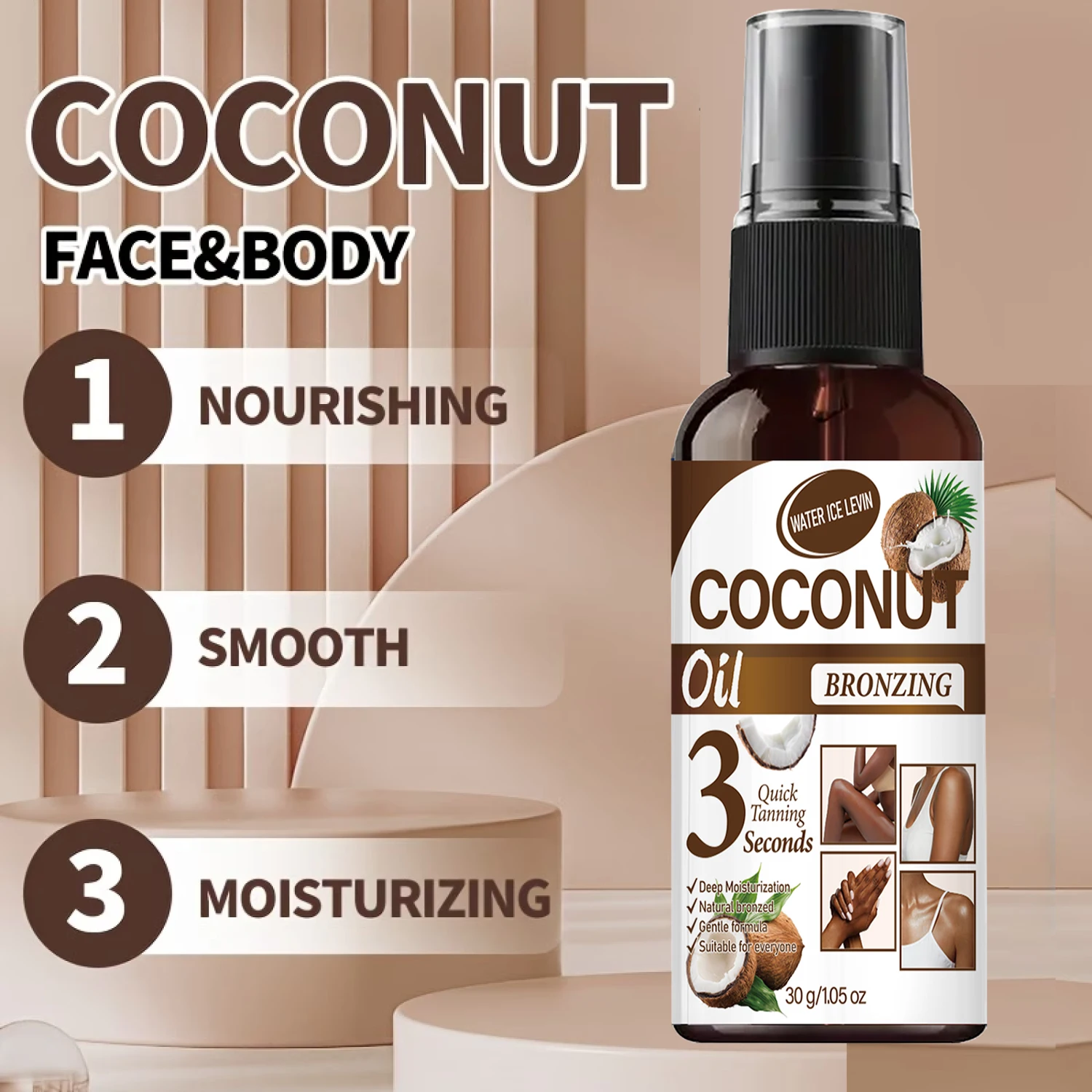 Hyaluronic Acid Caffeine Infused Coconut Sunless Tanning Oil Hydrating Nourishing Skin Gentle Progressive Bronzing Body Oil 30g