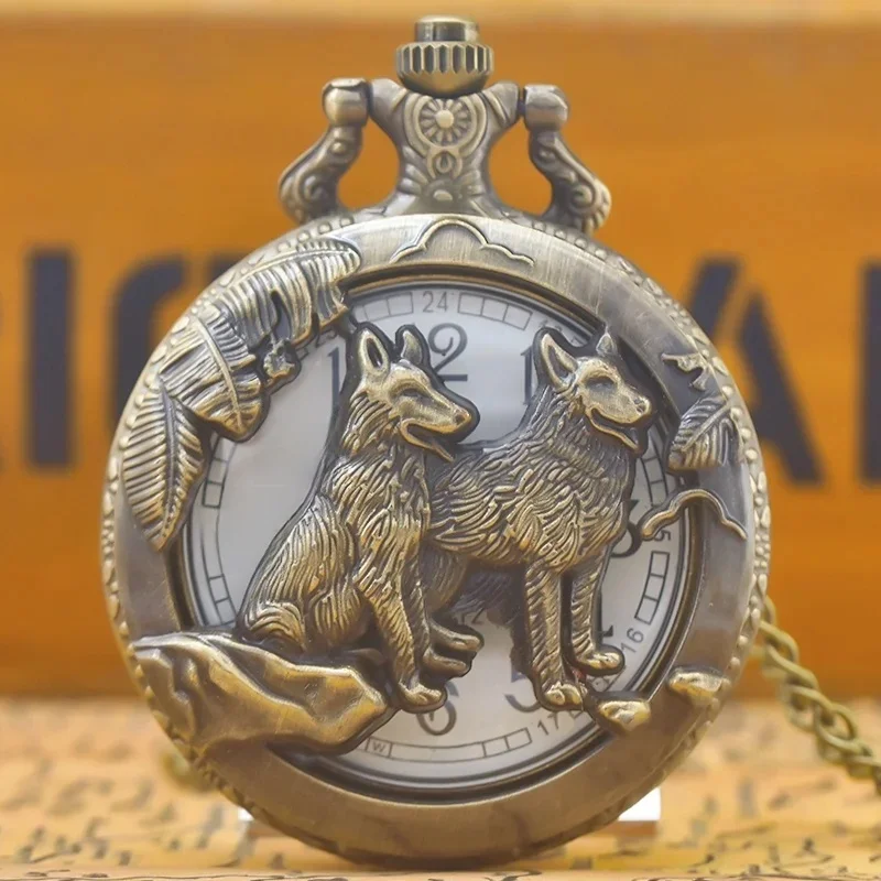 Steampunk Vintage Bronze découpe Animal loup Quartz montre de poche collier pendentif horloge chaîne hommes femmes chaîne cadeau