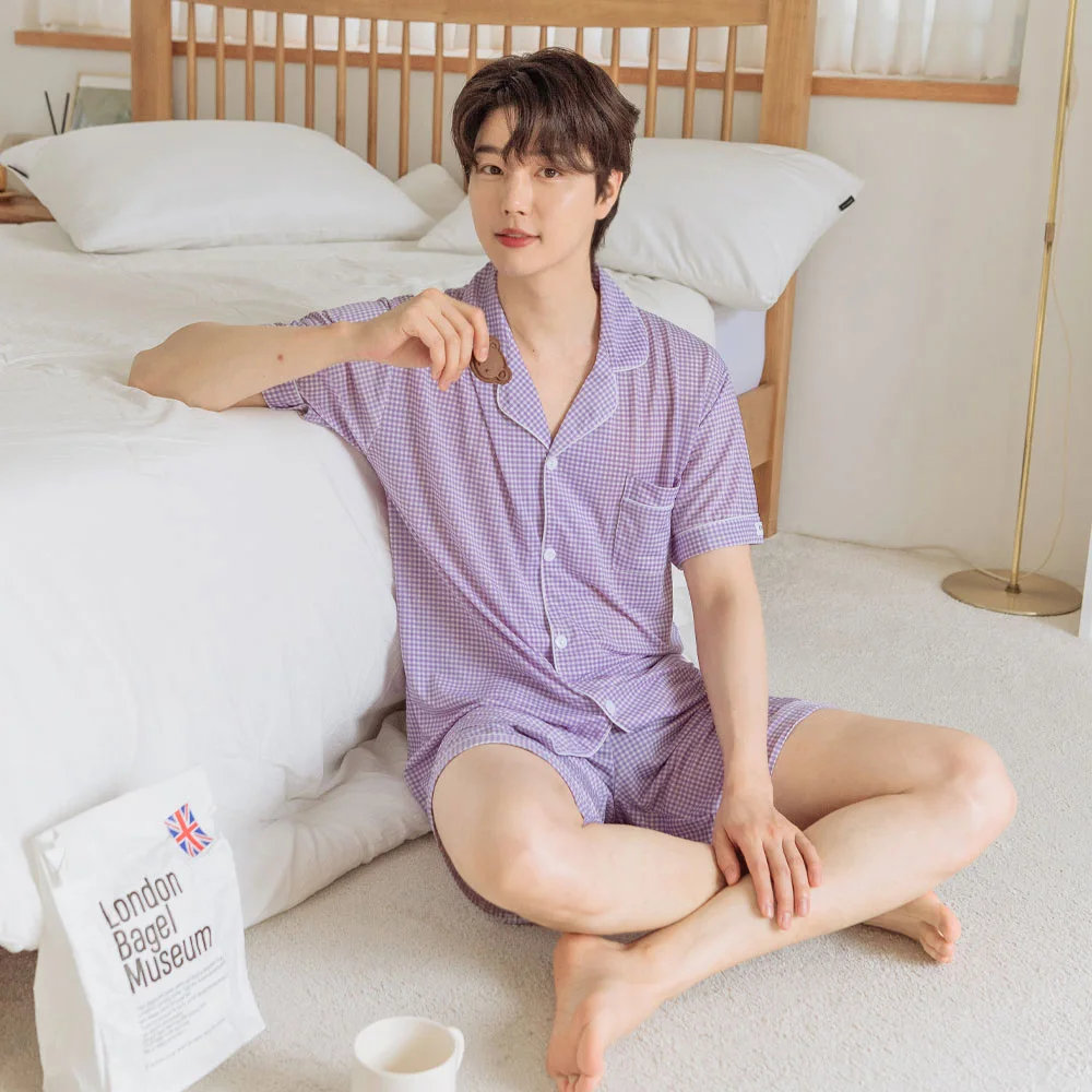 AONE Men's Cooling Short Sleeve Collar Pajama Set, Summer Sleepwear for Couples, Comfortable and Cool Homewear, Style D-9951