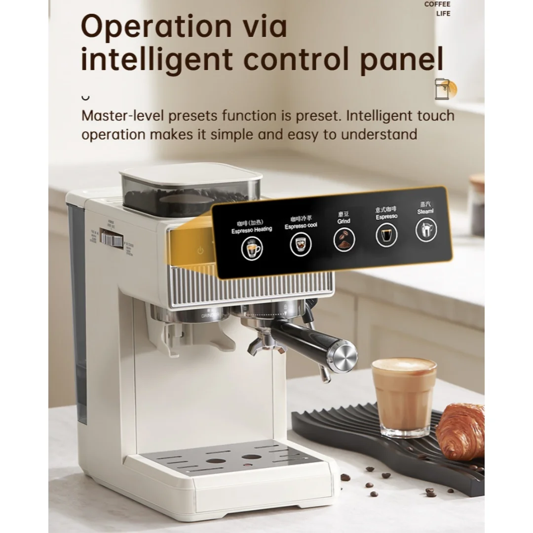 Weiße 2-in-1 Espressomaschine mit Mahlwerk Heiß Kalt Extraktion 20 Mahlgrade 51 mm Siebträger Dampfdüse