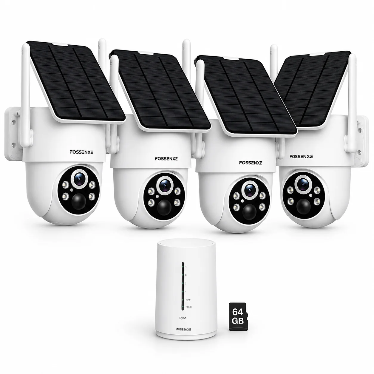 FOSSENXE 2K Solar WLAN-Sicherheitskamera-Set für den Außenbereich, 360° °   PTZ, 64GB Basisstation, Farbnachtsicht, PIR-Alarm