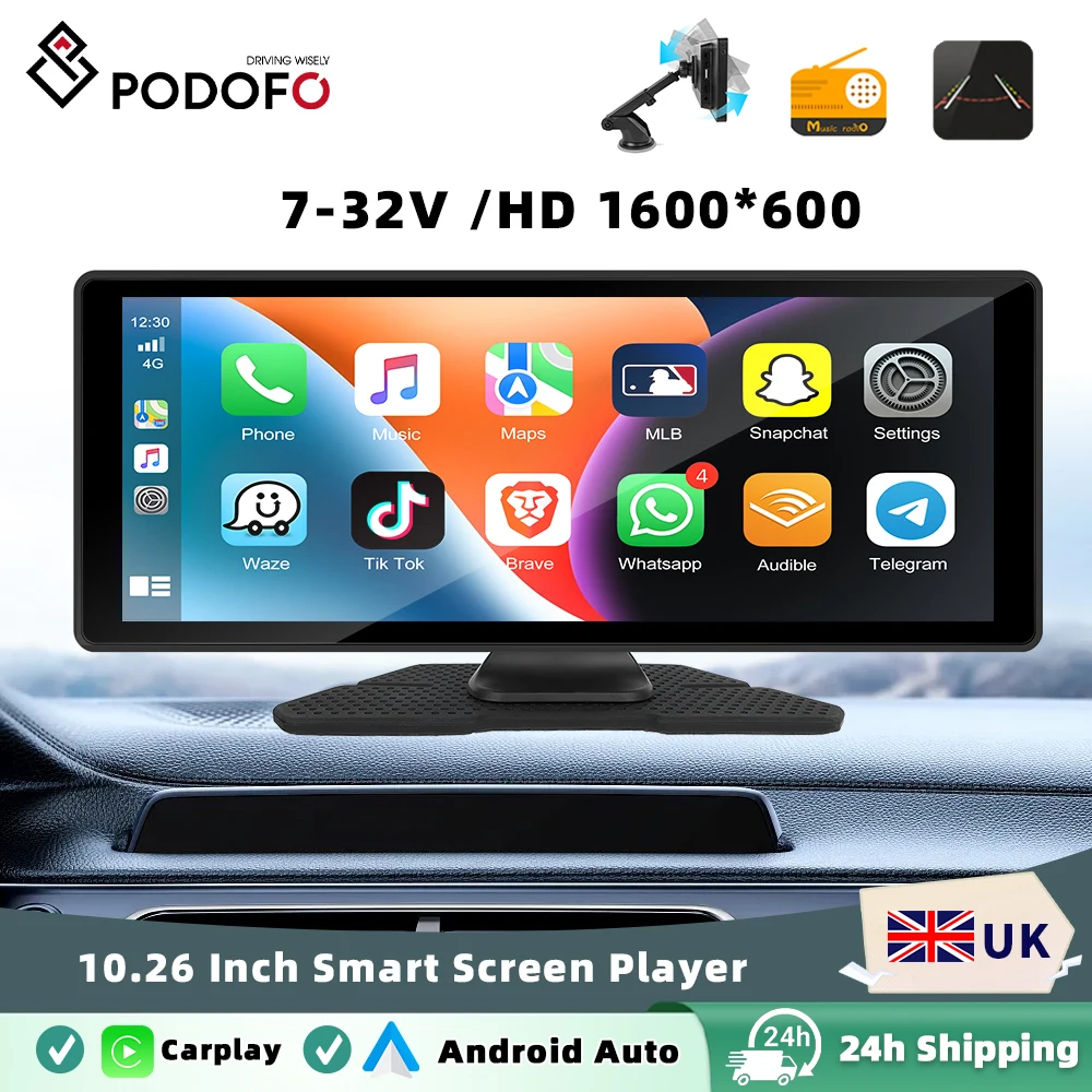 Podofo 10.26 Inch Dashboard Wireless Carplay Android Auto Portable Smart Player MirrorLink Smart Car Systems HD Touch Screen EQ Multimedia Video Player Support CVBS Camera Supports AirPlay Android