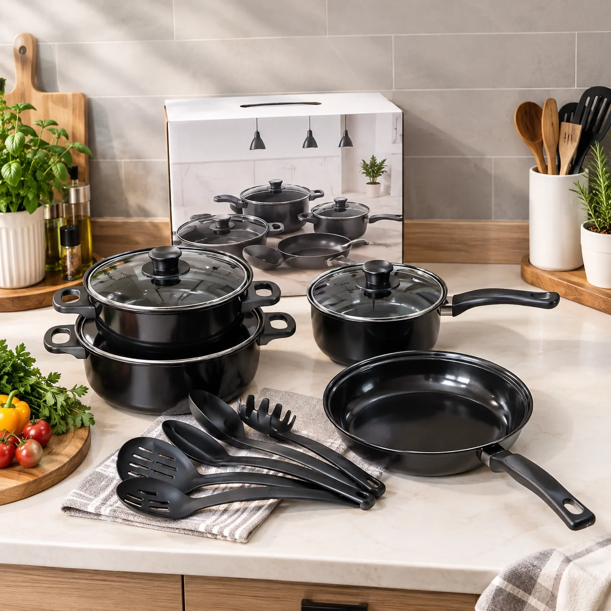 13PCS Nonstick Cookware Set, Induction Compatible Pots and Pans Set with Frying Pan & Utensils for Kitchen Cooking & Camping