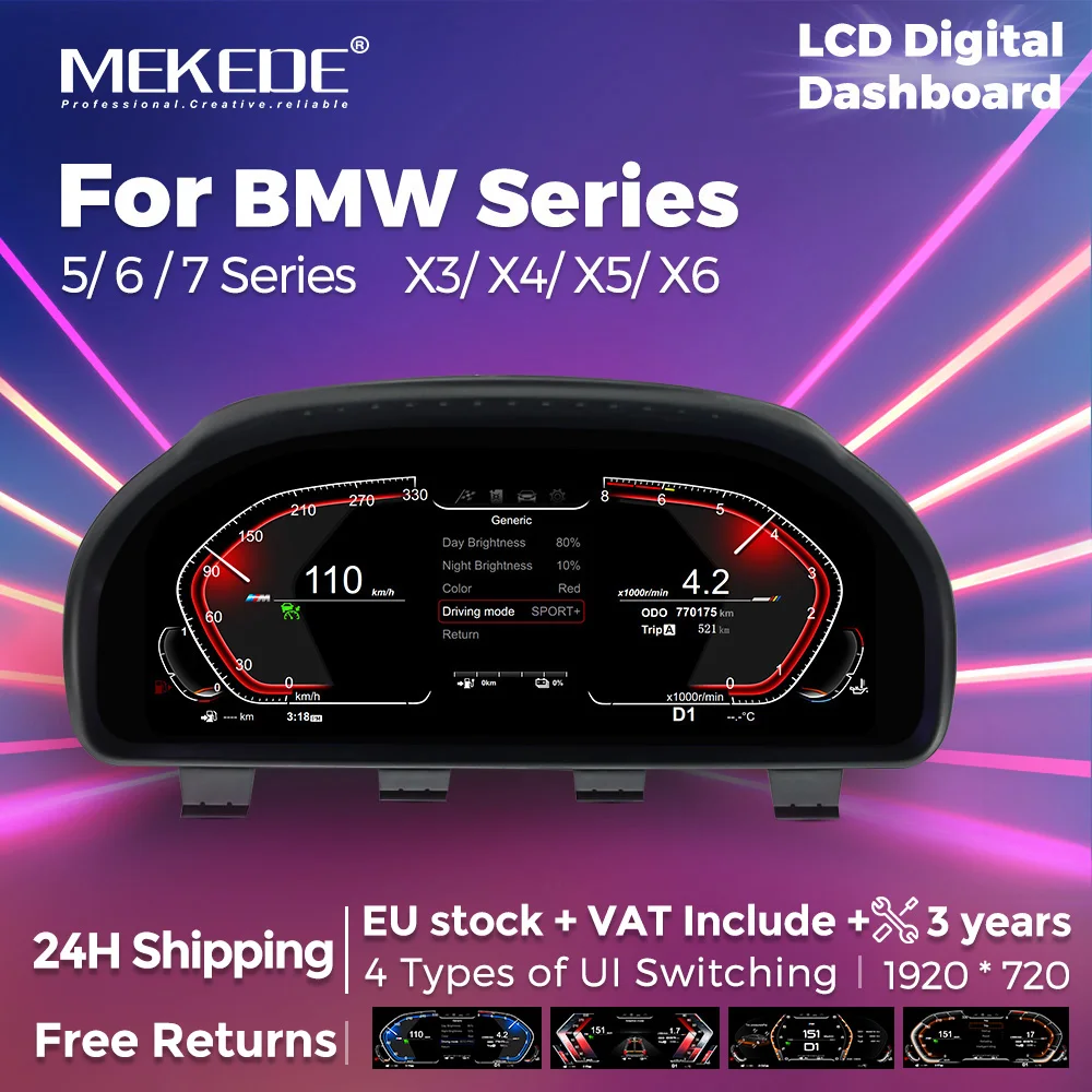 MEKEDE LCD tableau de bord numérique pour BMW F10 F11 F18 F01 F02 F03 F06 F07 F12 F13 F15 F16 F25 F26 Support affichage des informations sur véhicule