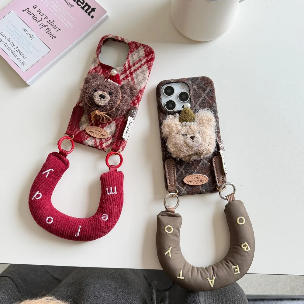 

Fashion cute plaid 3D pearl bear phone case for iPhone 17 16 ProMax13 14 15 Pro fundas Korean INS new shockproof protective case