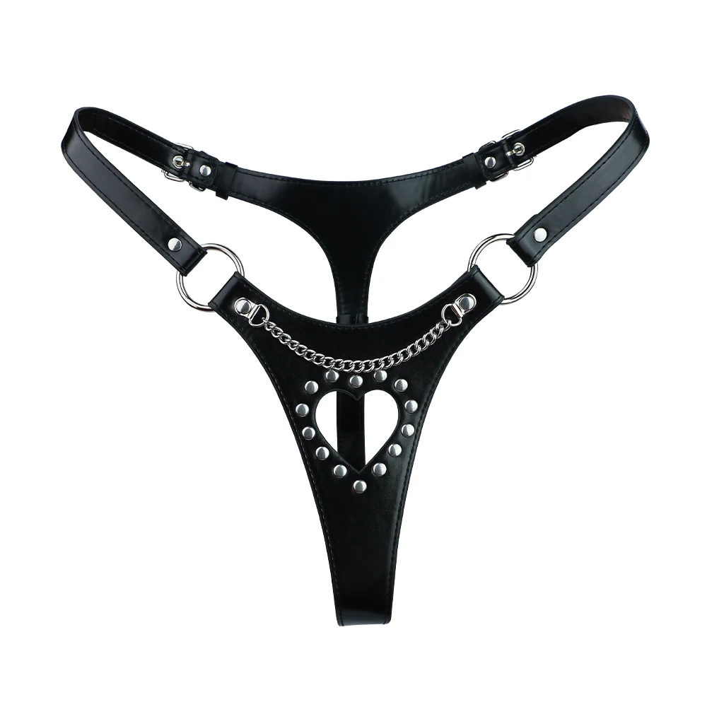 Heart Cutout Leather Strap-On Harness Panties Metal Rivet Dildo Holder Lesbian Couples Sex Toys Body Restraints Belt for Women - view 3