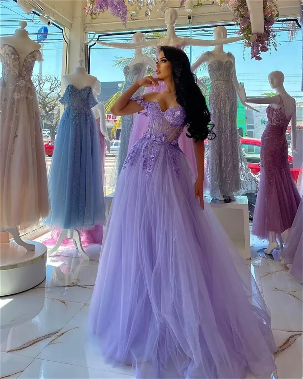 Lilac Tulle Off the Shoulder Prom Dresses Sweetheart A-line 3D Flower Homecoming Dress Elegant Lace Up Ruched Party Gowns 2024