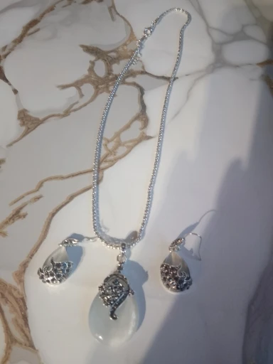 Vintage 925 Sterling Silver Jewelry Sets For Women Fashion Water Drop Shape Cat Eye Stone Pendants Necklace Earring Set photo review