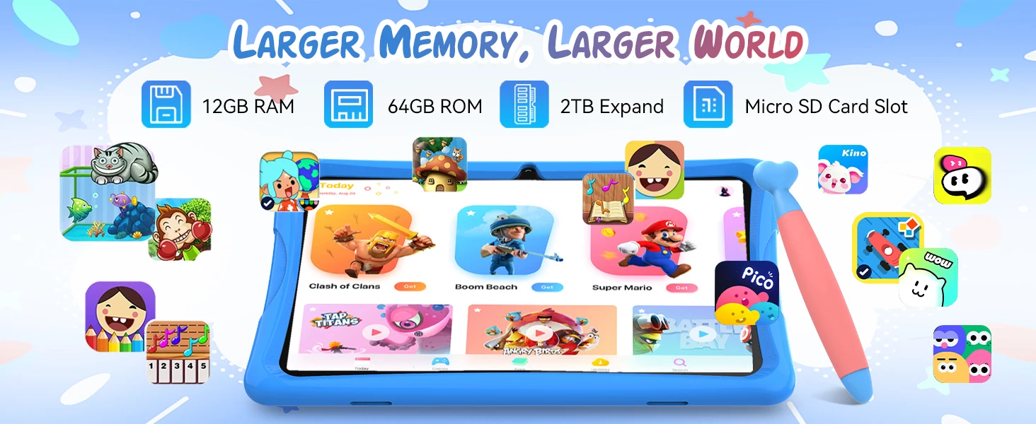 KINGRID K10 Kids Tablet 10'' Android 15 4GB RAM+8GB Expandable 64GB ROM 5G WiFi Widevine L1 5000mAh Kids Tablet PC Tablet Android Parental Control