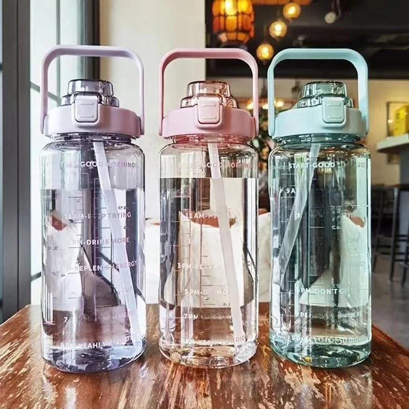 AliExpress 2 Liters Straw Plastic Water Bottle Girls Portable Travel Large Bottle Sports Fitness Bike Cup Big Fat Cup