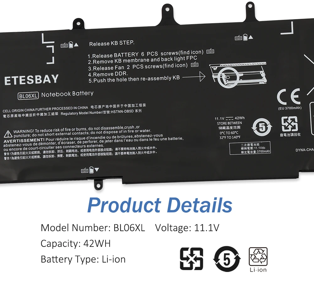 ETESBAY BL06XL 722297-001 Laptop Battery Compatible with HP EliteBook Folio1040 G1 G2 Series 722236-2C1 HSTNN-DB5D 42WH 11.1V