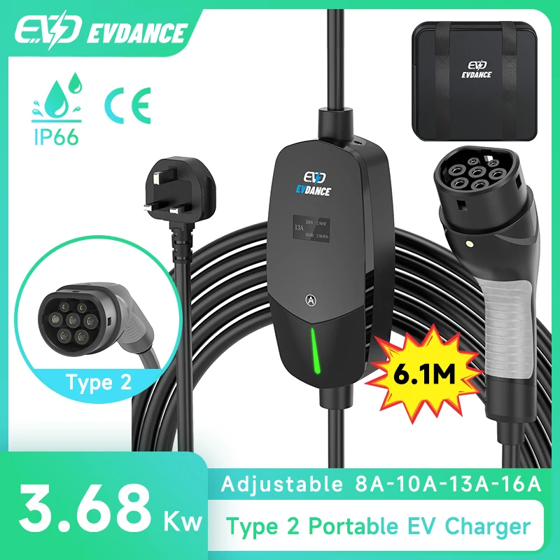 EVDANCE Portable 13A Electric Car Chargers UK Plug 3.68Kw 20ft Charging Cable OLED Display Adjustable Current IEC 62196 Socket