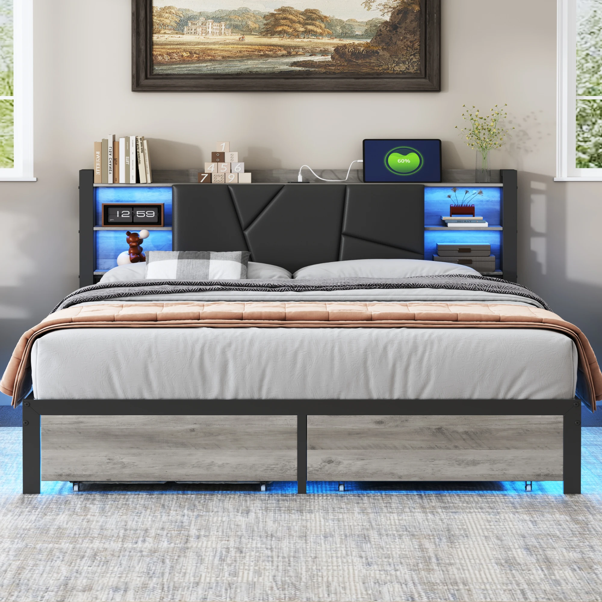 Lit simple 160 x 200 cm, matelas à ressorts avec grand espace de rangement, lit avec mécanisme de levage, lit rembourré