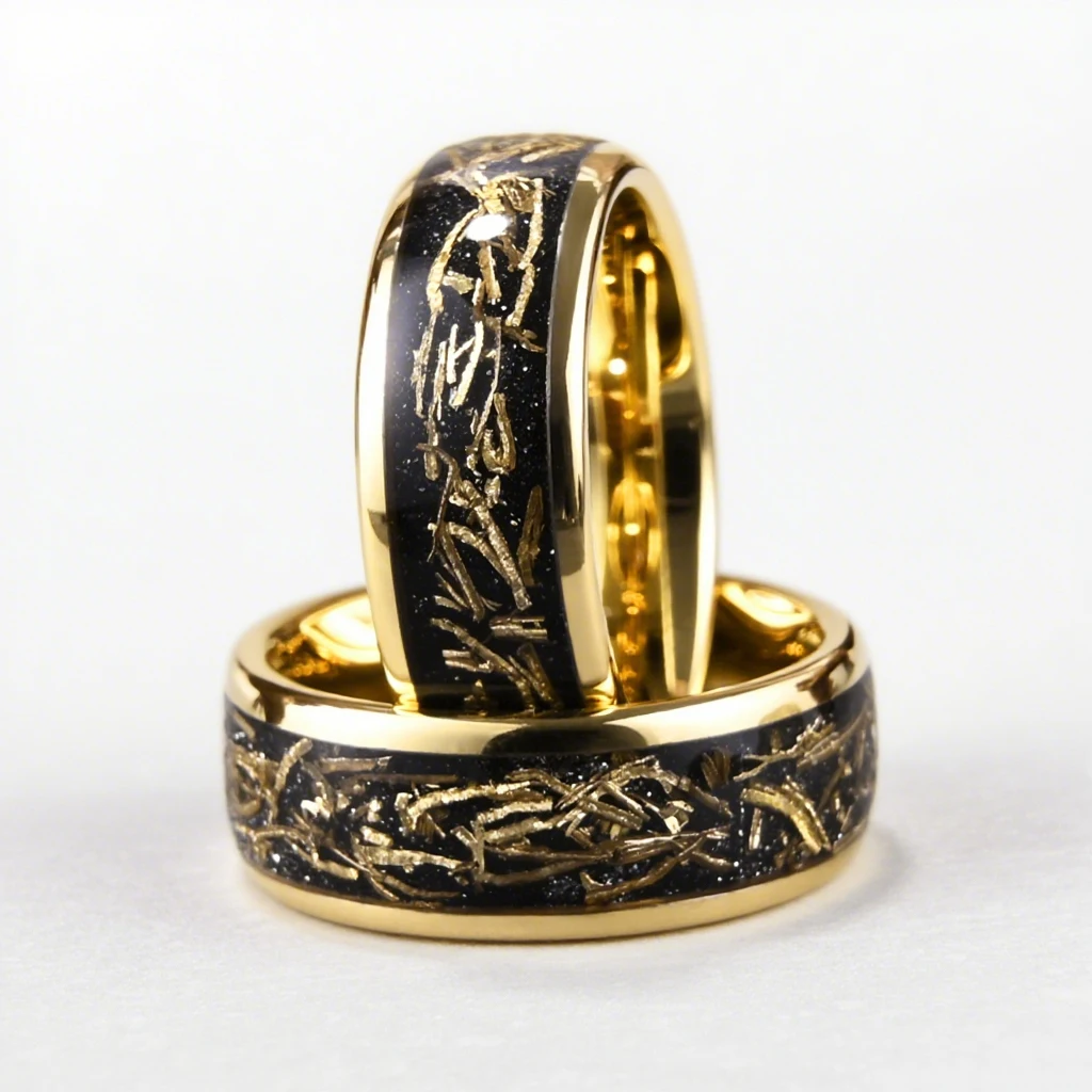 

8mm golden tungsten ring, golden filigree setting, mens wedding rings, anniversary gift for husband, luxury jewelry