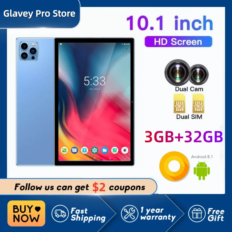 4G Phone Call Tablet  10.1 Inch 4GB RAM 32GB ROM Android 8.1 Type-C 2*Sim Cards MT6750 Quad-Core 1.3GHz Dual Camera 4000mAh