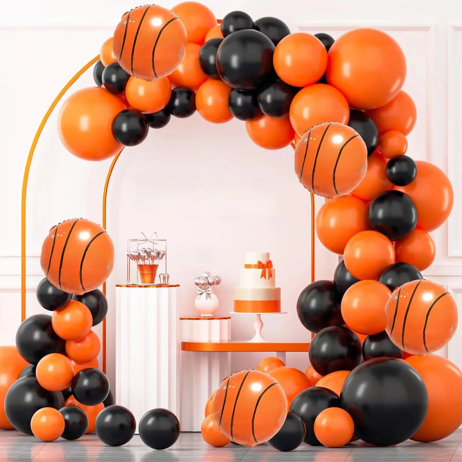 Trophée de basket-ball noir et Orange, moule en aluminium, ensemble de guirlandes de ballons, décoration de fête prénatale de 0 à 9 ans, 123 pièces