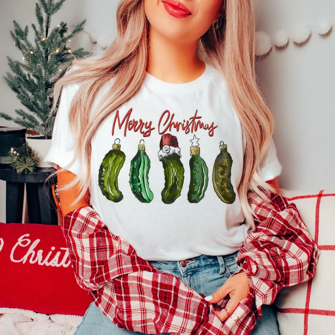 Funny Pickles Merry Christmas Cute Fashion T-Shirt Trendy Simple Top Printed Cartoon Cute Round Neck Women's Clothing Basic T-Sh