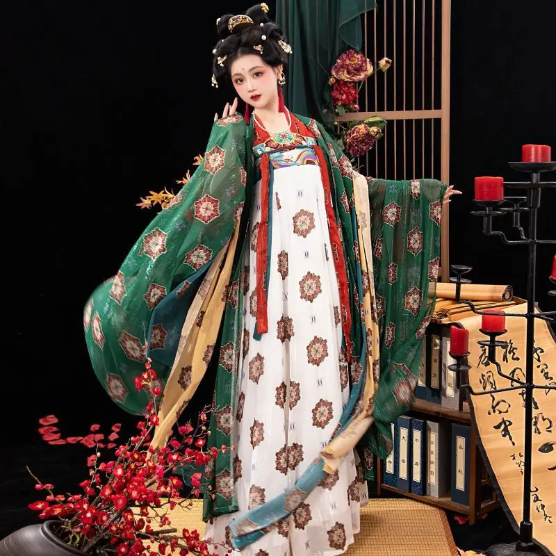 Chinese Hanfu Dress Women Cosplay Costume Vintage Ancient Tang Dynasty Printed Green Yellow Sets Hanfu Dress Plus Size 2XL