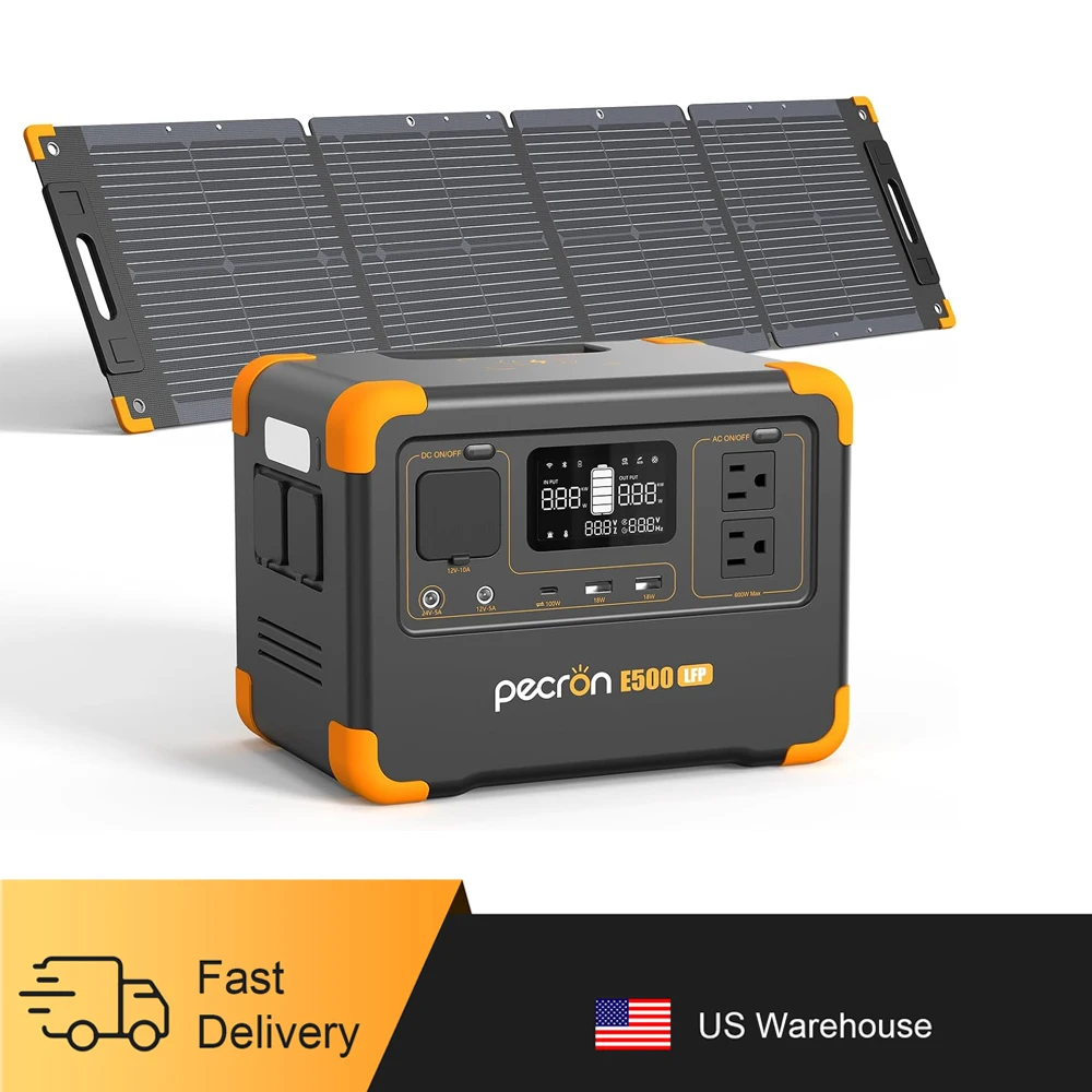 Pecron E500LFP Solar Generator with 100W Solar Panel 576Wh LiFePO4 Battery 2x600W AC Outlets Portable Power Station for Home RV