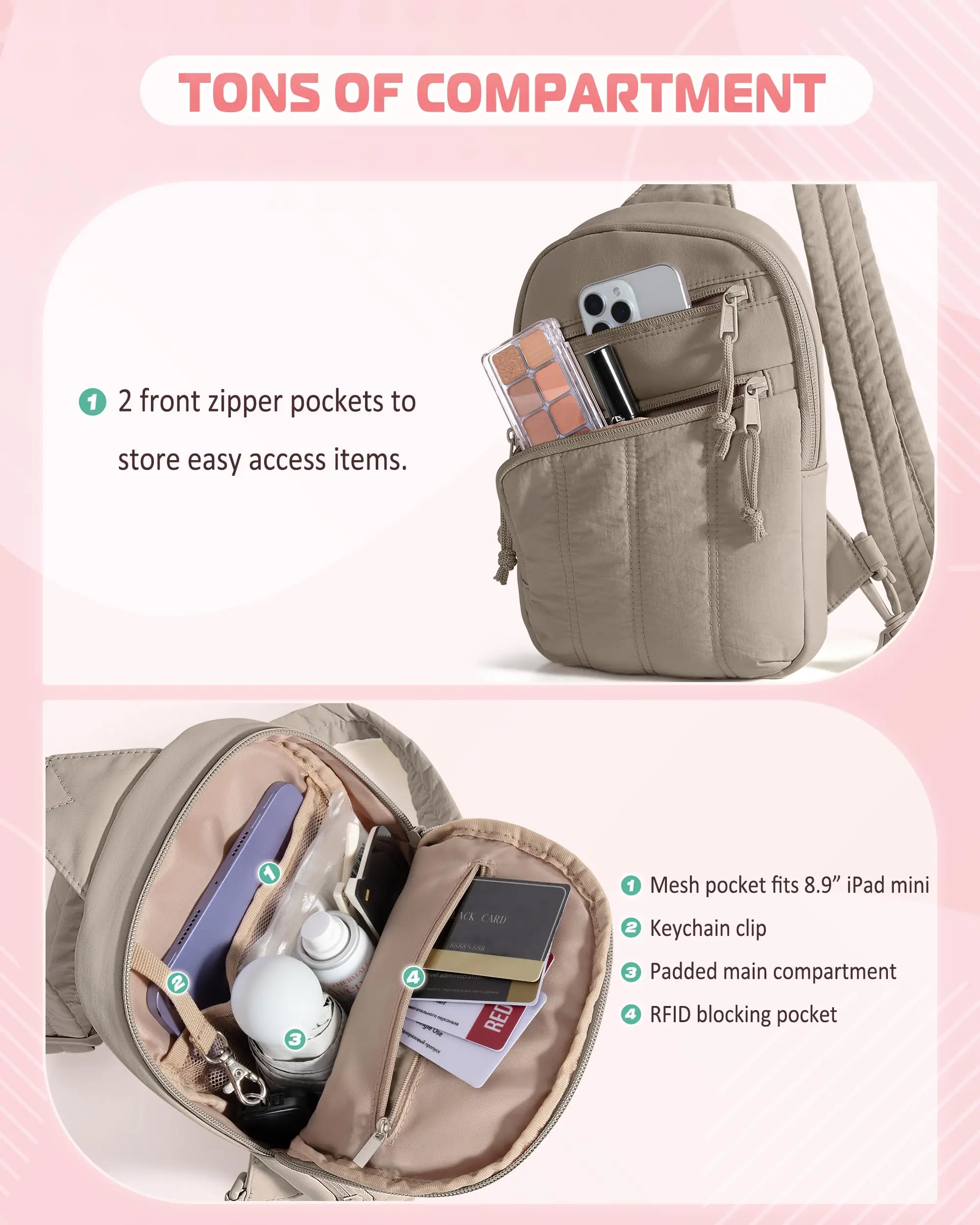 Small Sling Bag for Women with RFID Blocking Pocket Hidden Water Bottle Holder,Purses Hobo Handbag, Travel Hiking Outdoor