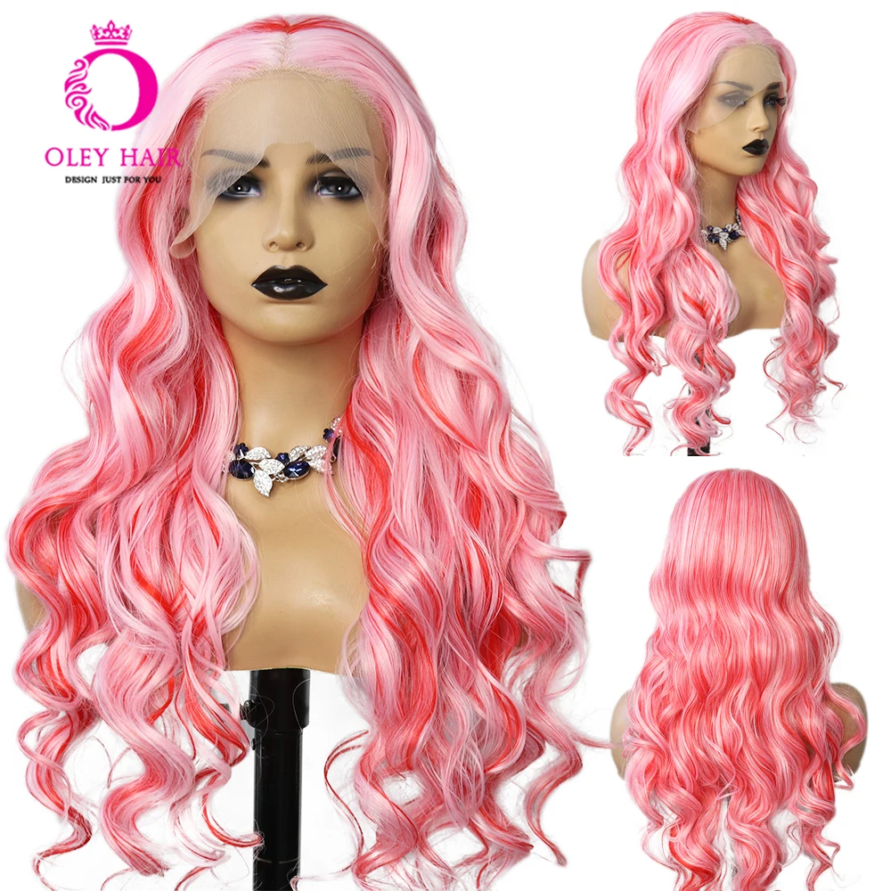 

Light Pink Colored Synthetic 30 Inch Loose Wave 13x4 Lace Front Wig Drag Queen Glueless Pre Plucked Cosplay Wigs For Women 180%