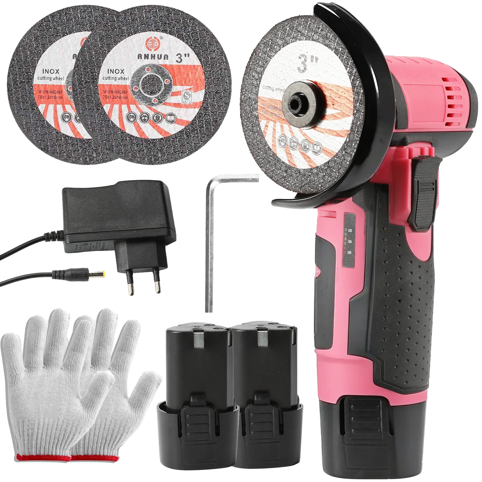 12 V rosa Mini-Winkelschleifer, 19500 U/min mit 2 Akkus und 3-Zoll-Scheiben-Akku-Elektrowerkzeug zum Polieren und Schneiden von Heimwerken