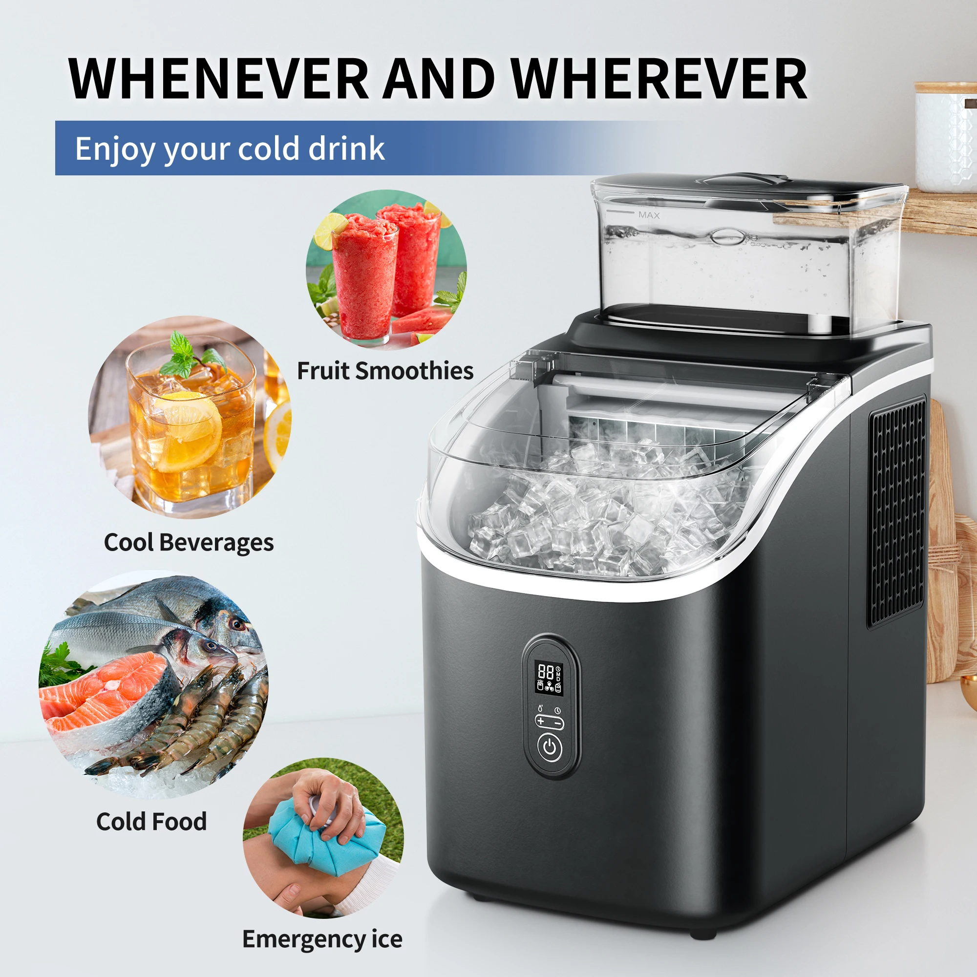 ICEGLEE Macchina per cubetti di ghiaccio con serbatoio dell'acqua esterno da 34 libbre, 16 pezzi pronti in 13 minuti, 2 modi per aggiungere acqua per la cucina domestica, l'ufficio