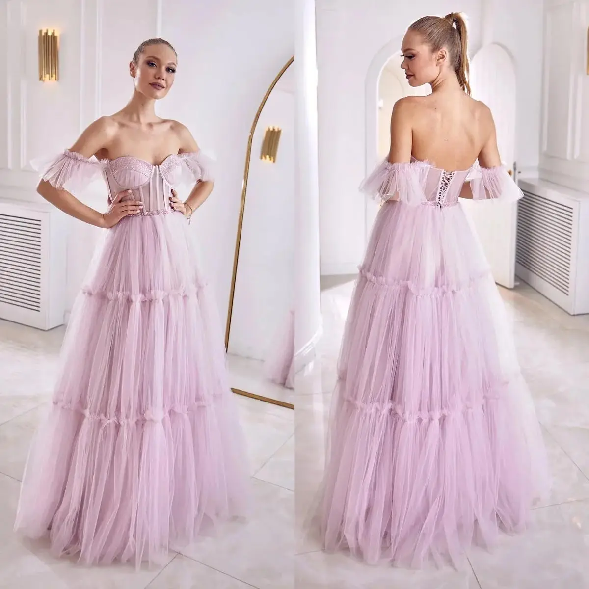 Sweetheart gaun Tulle Quinceanera bahu terbuka untuk wanita gaun koktail A Line gaun Prom pendek elegan untuk remaja