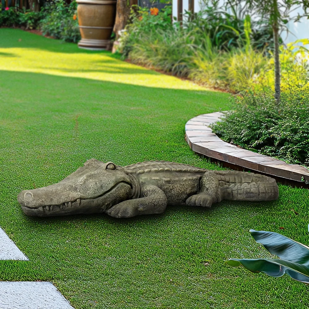 

42" L Concrete Crouch Crocodile Statue -Swamp Beast Lawn Alligator Crocodile Outdoor Garden Statues-Handcast Concrete Yard Decor