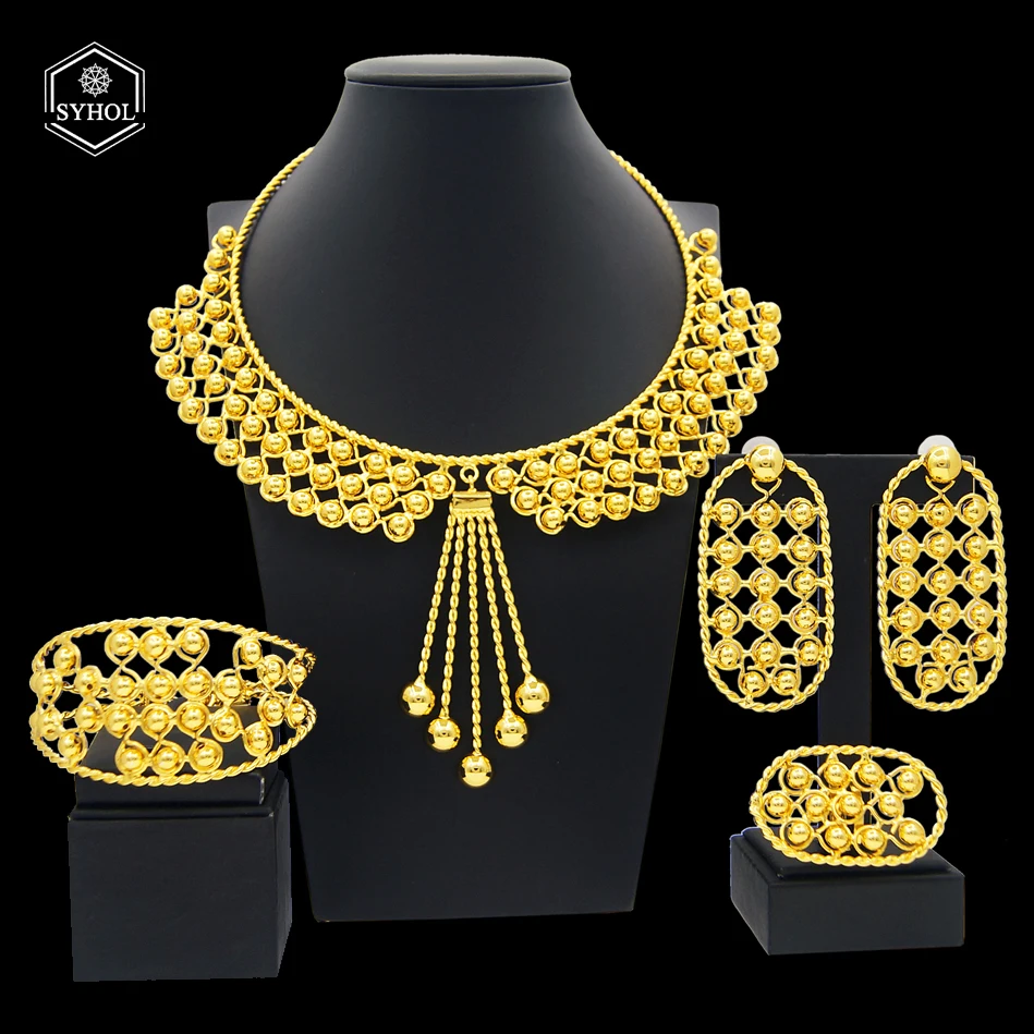 SYHOL Ladies Jewelry Set 24K Gold Plated Original Dress Luxury Necklace Earrings Wedding Banquet Dubai Gold Jewelry