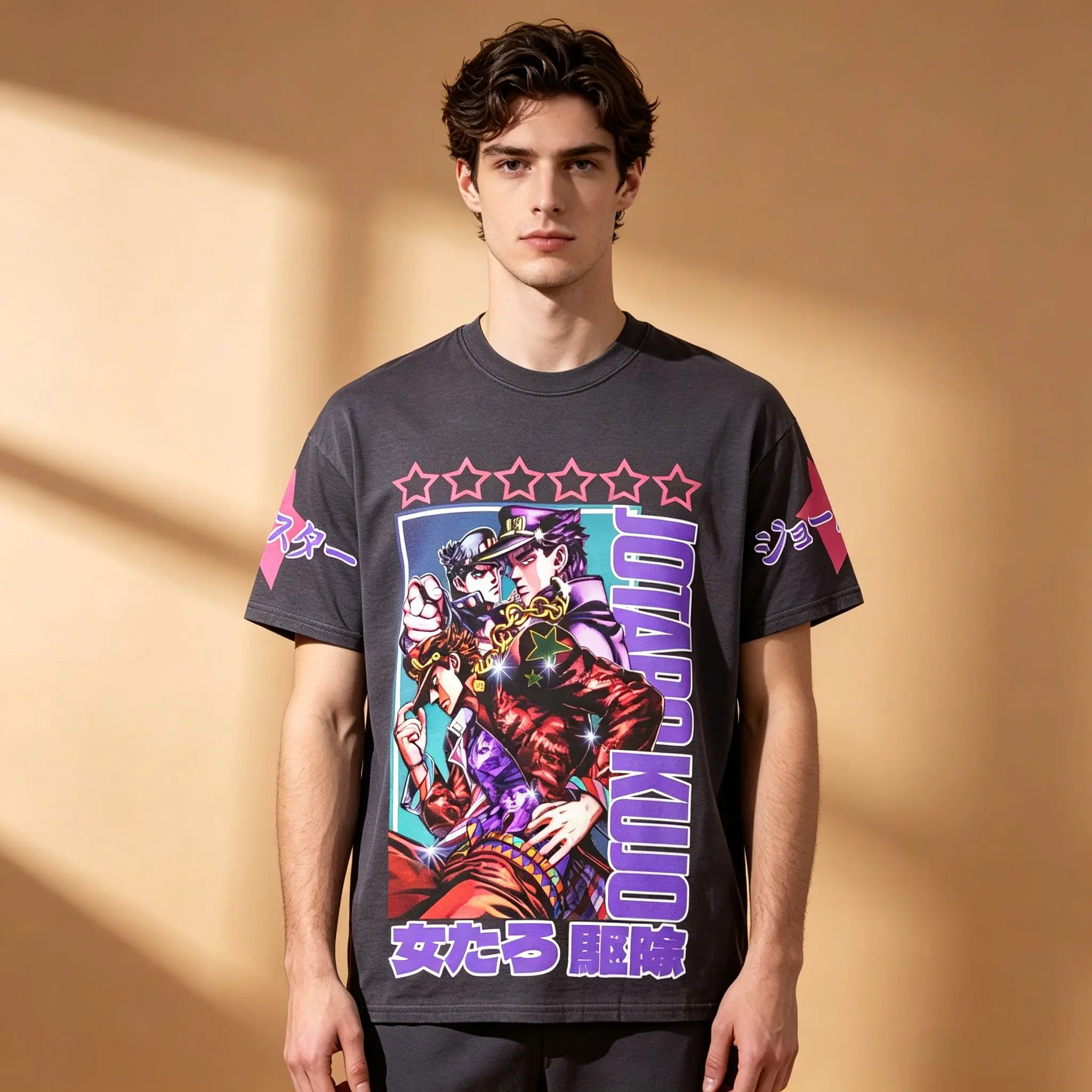 Herren-T-Shirt „JoJo's Bizarre Adventure Jotaro Kujo Star Platinum Anime“ mit japanischem Text und Ärmeldruck, Rundhalsausschnitt, Dunkelgrau, Vintage O
