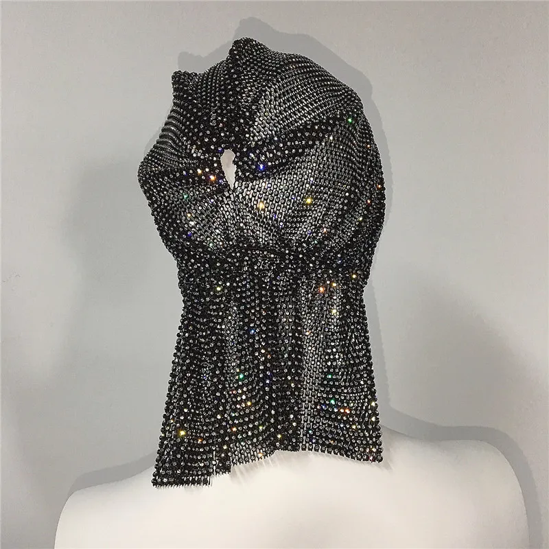 Luxe Strass Visnet Korte Hijab Hoofddoek Nacht Club Feest Rave Glanzende Diamant Vrouw Y 2K Mode Hoofdband Tulband Hoofddoek