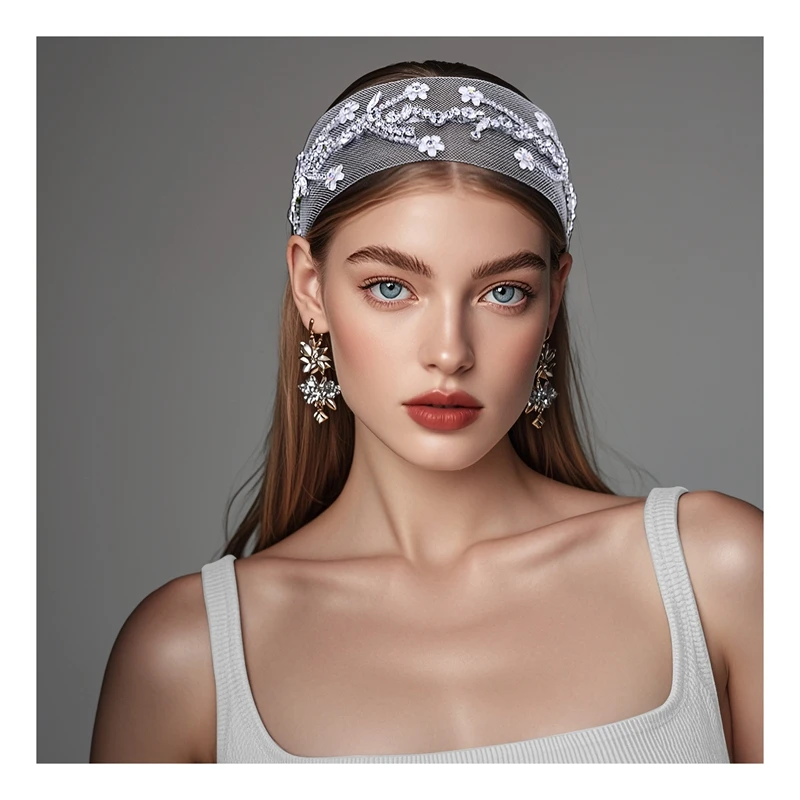 

HNYYX Florow Crystal Head Band With Baroque Mesh Rhinestone Hair Accessory Simple And Fashion Style Wide Headdress A150 White