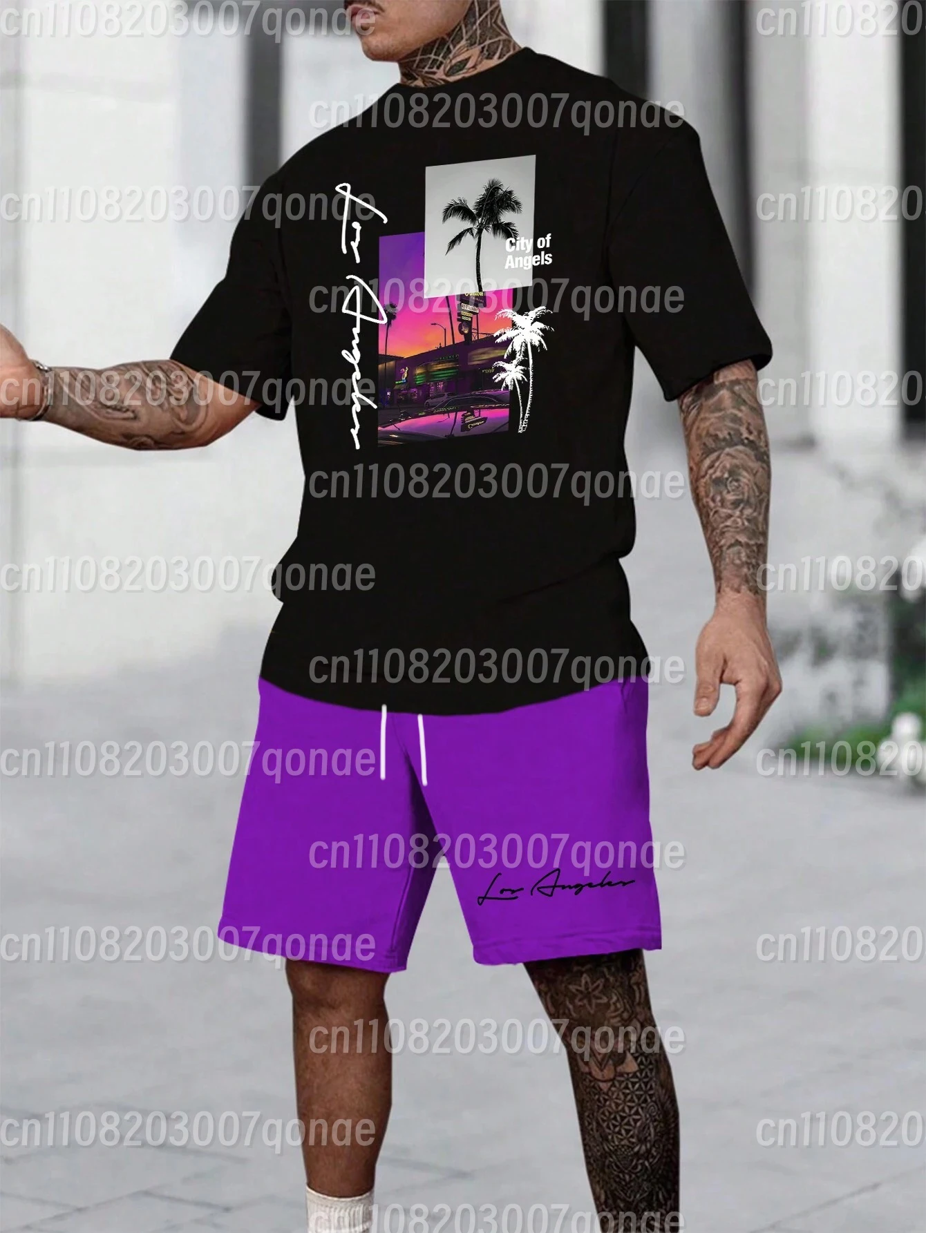 Summer Men Sportswear Striped Letter Short-Sleeve T-Shirt Set Two-Piece Outdoor Travel Apparel Relaxed-Fit Shorts Training Wear view 3